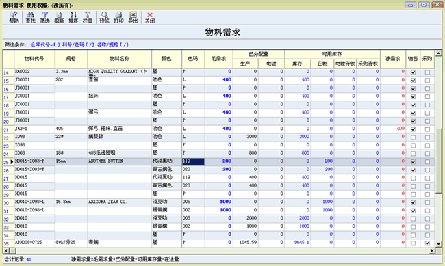 钮扣物料需求总表