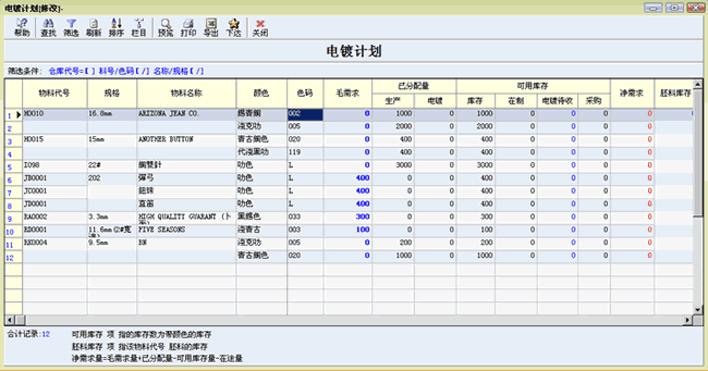 物料需求-电镀计划