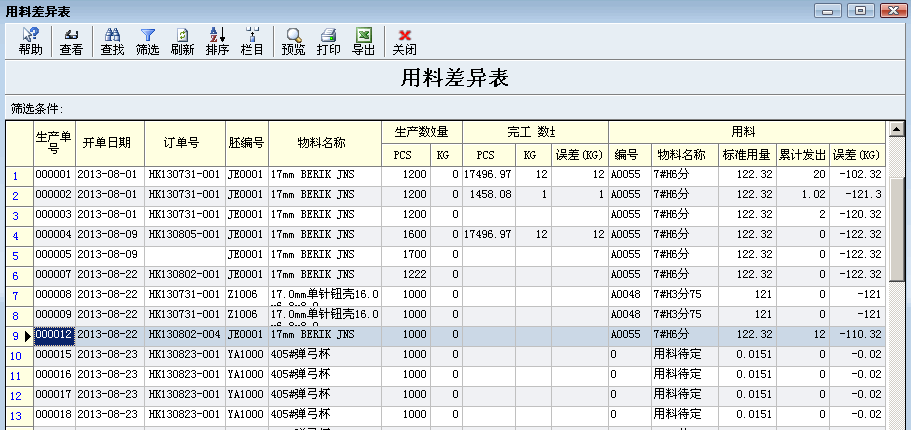 用料差异报表模块